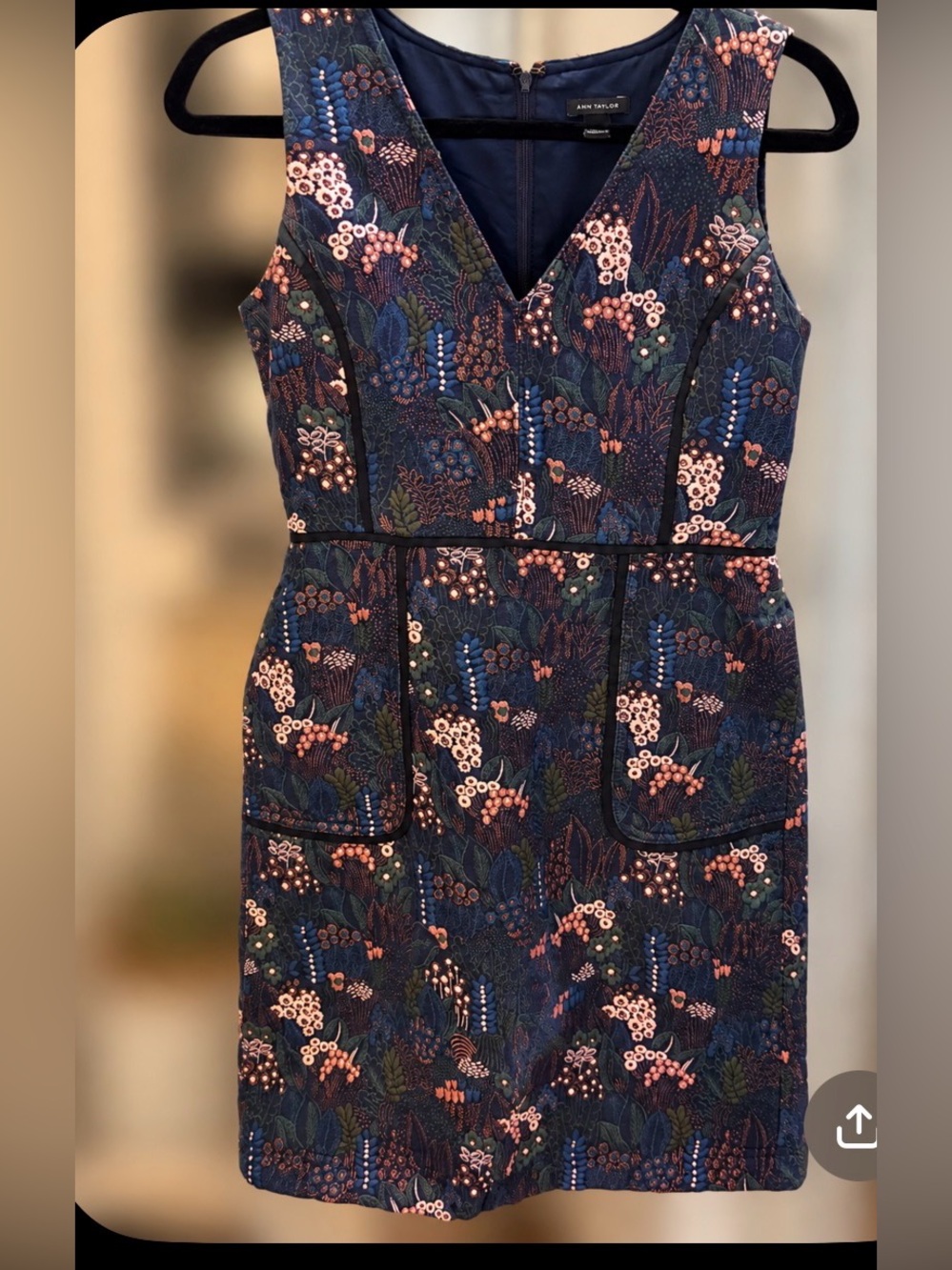 Ann Taylor Navy Floral Metallic Jacquard Sheath Dress Pockets Size 0